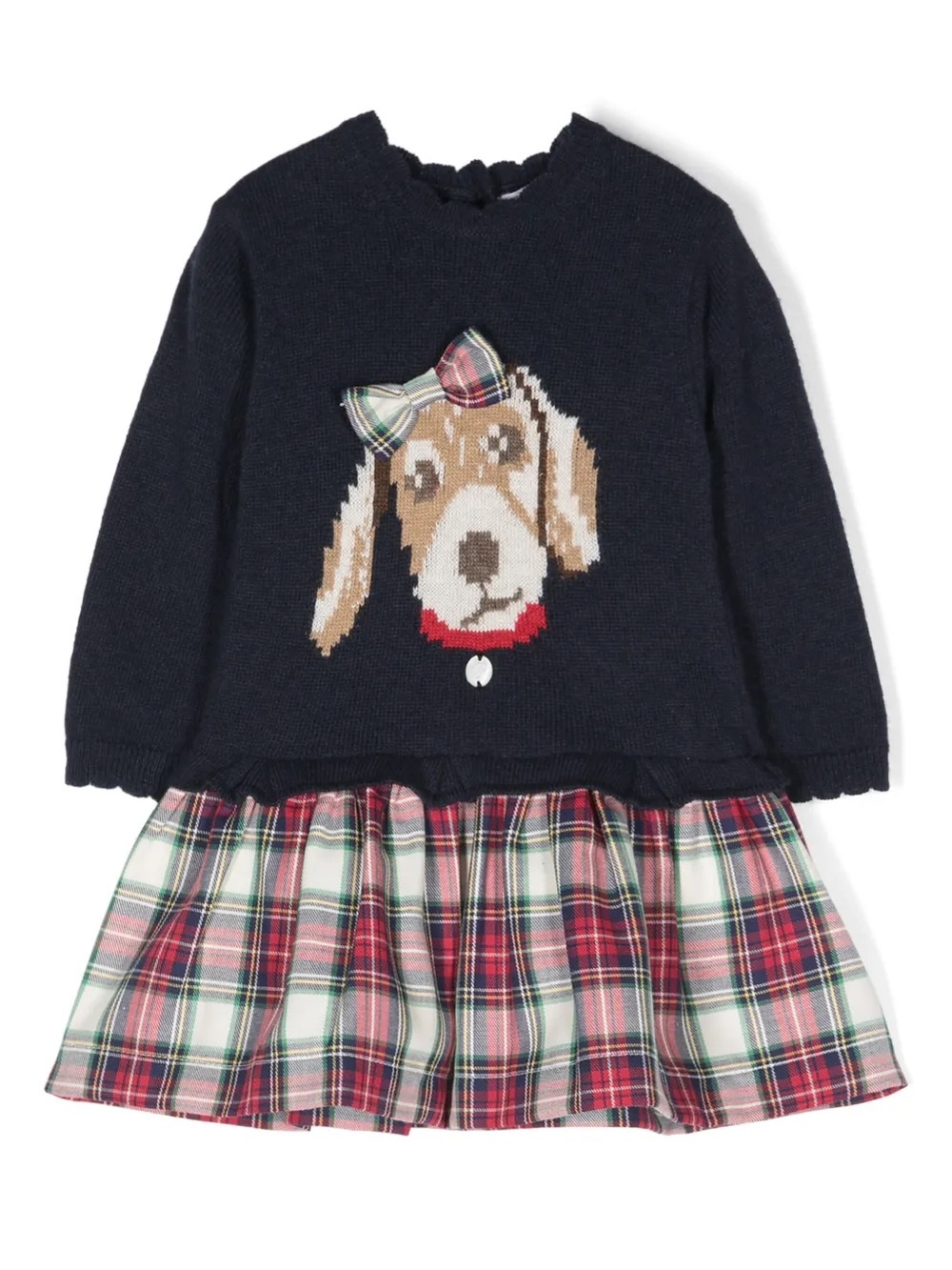 Patachou Navy Dog Intarsia Knit Dress with Plaid Skirt - Kids